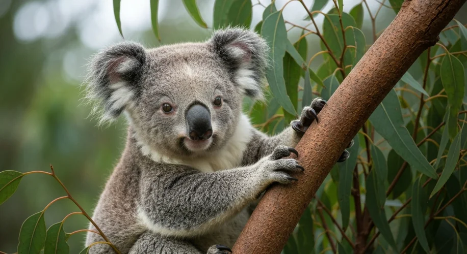 A koala with a sad, clouded eye, sitting on a eucalyptus branch.