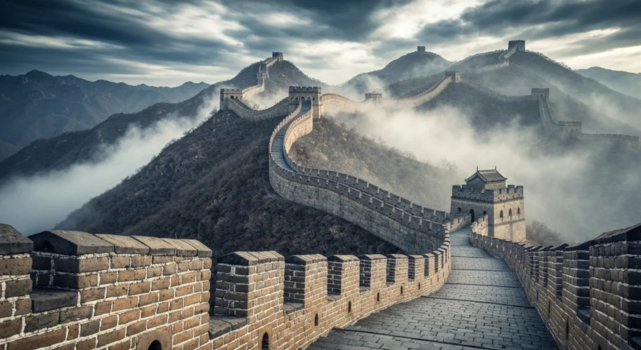 A vast, segmented stone and earth Great Wall of China snaking over rugged, mist-shrouded mountains u