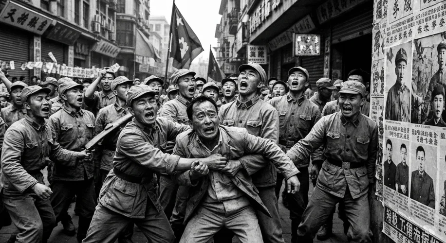 A black and white photograph depicting a chaotic street scene during China's Cultural Revolution. Yo