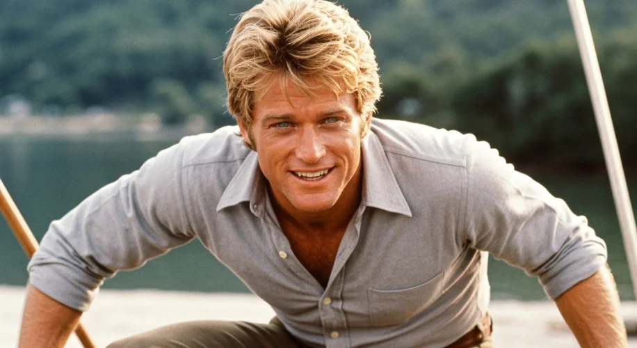 A young, charismatic Robert Redford in the 1960s, with his signature blond hair and a confident smil