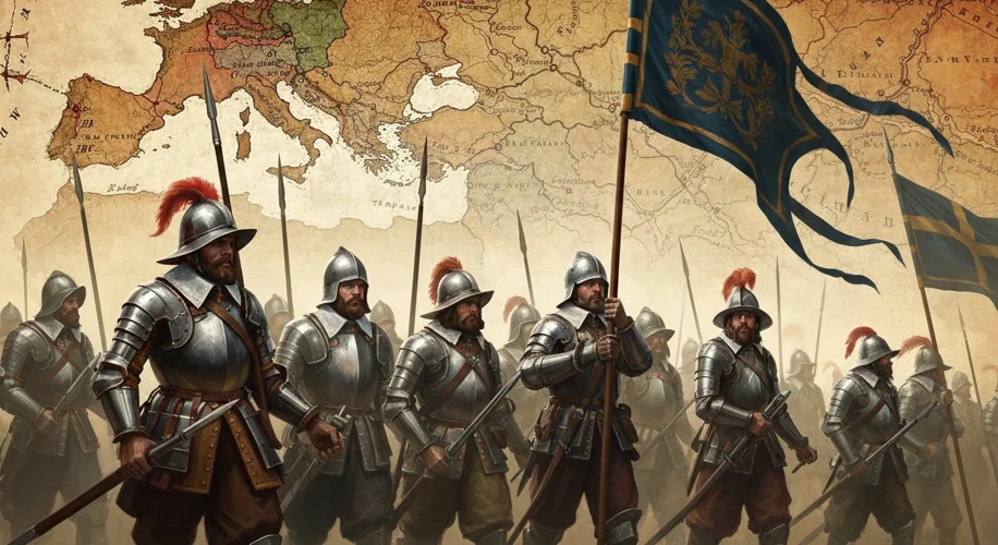 A dramatic depiction of Swedish soldiers in 17th-century armor marching under a banner, with a histo