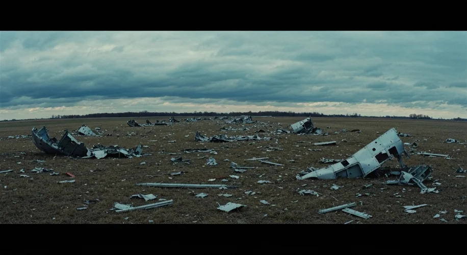A somber scene of wreckage from a plane crash scattered across a field.