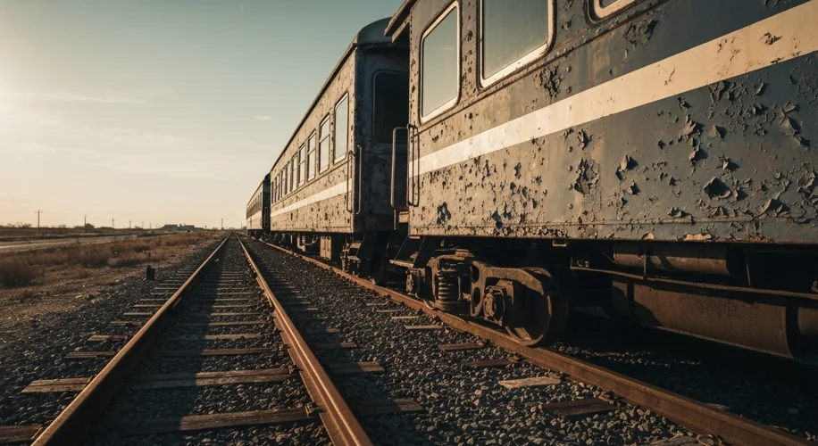 A close-up on a section of damaged railway track, with rusted metal and debris scattered around. The