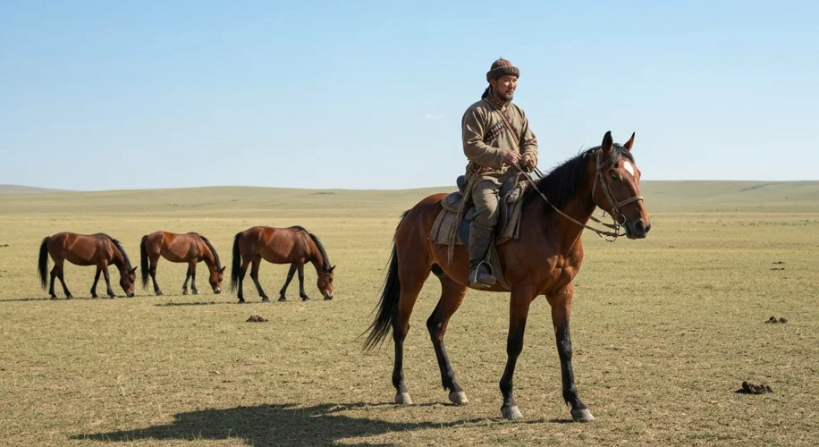 An ancient Kazakh nomad riding a horse across the steppe, with a few other horses grazing nearby. Th