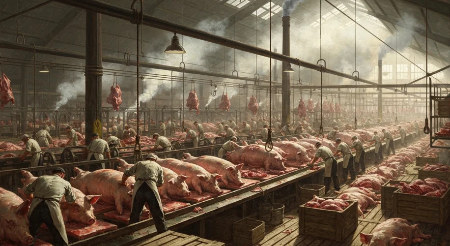 A bustling 19th-century American meatpacking plant in Chicago, with workers processing hogs on an as