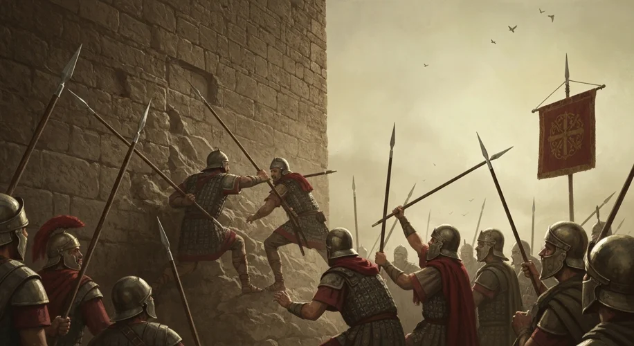 A dramatic depiction of Visigoth warriors, led by Alaric I, scaling the walls of Rome in 410 AD unde
