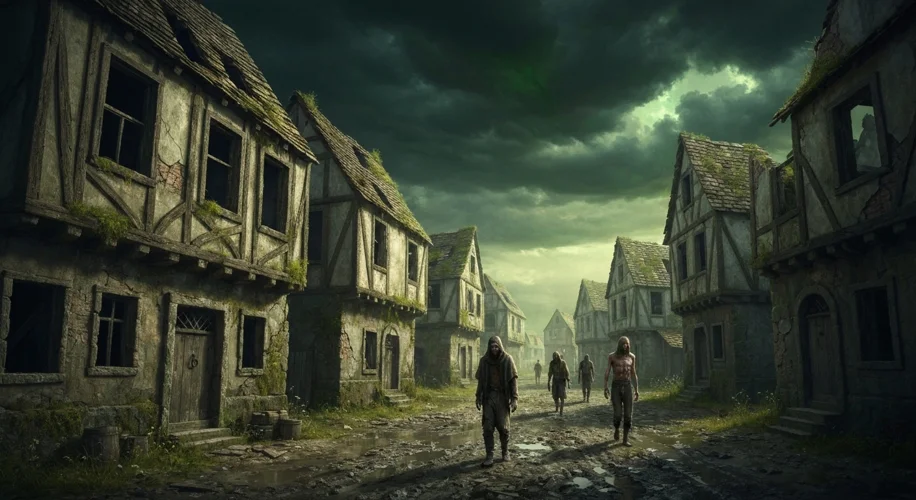 A medieval European village showing deserted houses and a few gaunt figures walking through the plag