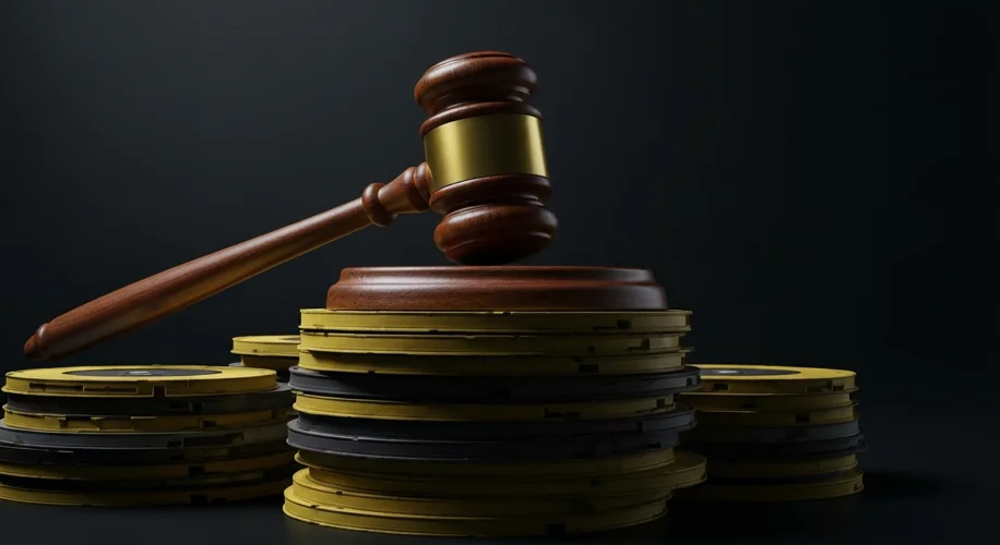 A gavel rests on a stack of incriminating audio tapes, symbolizing the legal battles and evidence th