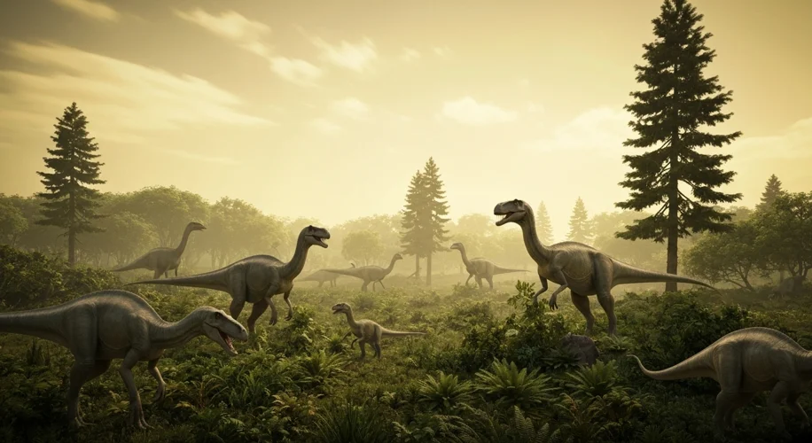 An artist's depiction of a lush Cretaceous landscape with dinosaurs, under a sky with slightly diffe