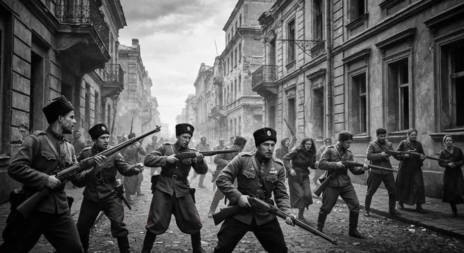 A black and white photograph capturing the chaotic atmosphere of Kyiv in 1918, showing soldiers in v