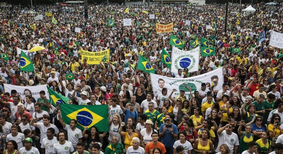 A crowd of diverse Brazilians, many waving Brazilian flags, gathered in a large public square. Some 