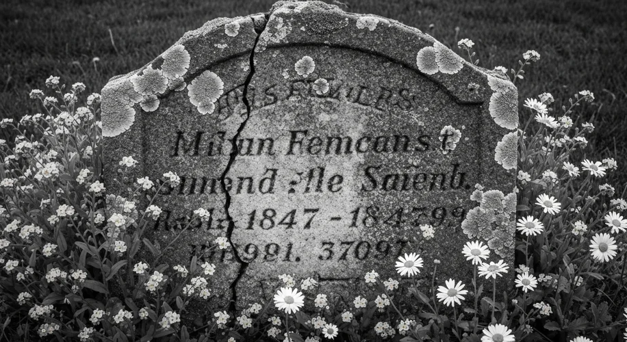 A poignant black and white photograph of a gravestone in an Irish cemetery. The inscription is worn 