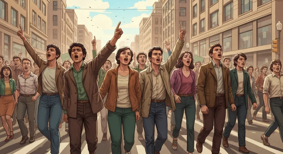 A diverse group of young people, a mix of races and genders, holding protest signs with slogans like