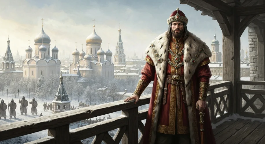 A medieval Russian prince in ornate robes, standing on a wooden balcony overlooking a snowy Moscow c