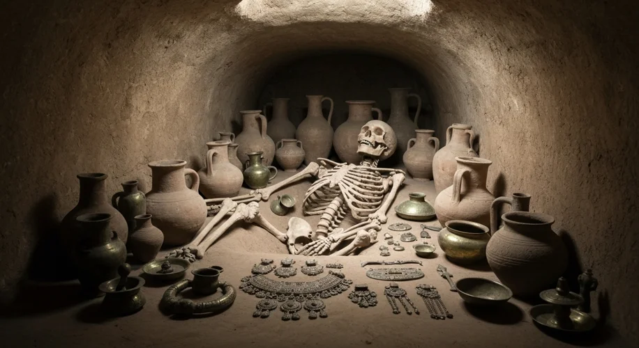 A richly decorated Bronze Age burial chamber in Iran, with a central skeleton surrounded by pottery,
