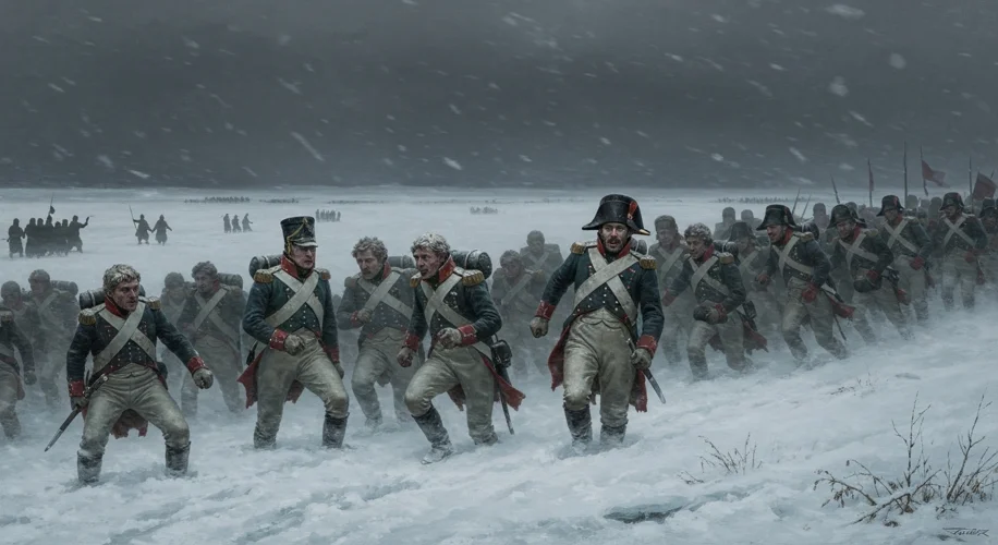 A somber depiction of Napoleon's army retreating from Russia, soldiers struggling through snow and i