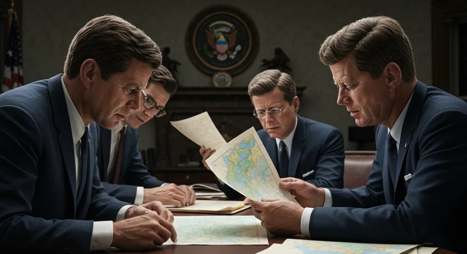 A tense scene inside the Oval Office during the Cuban Missile Crisis, with President John F. Kennedy