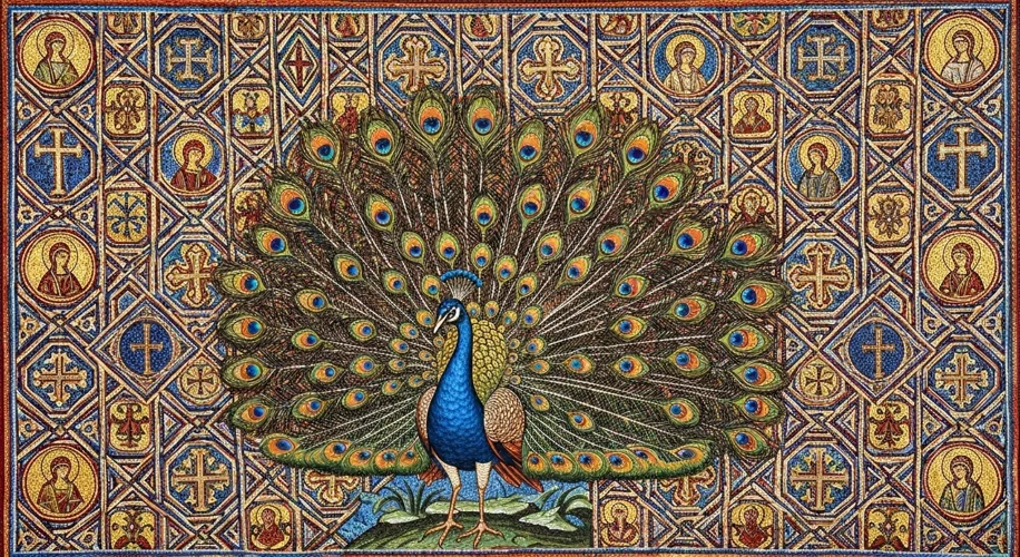 A Byzantine mosaic depicting a peacock with its tail fanned, surrounded by intricate geometric patte