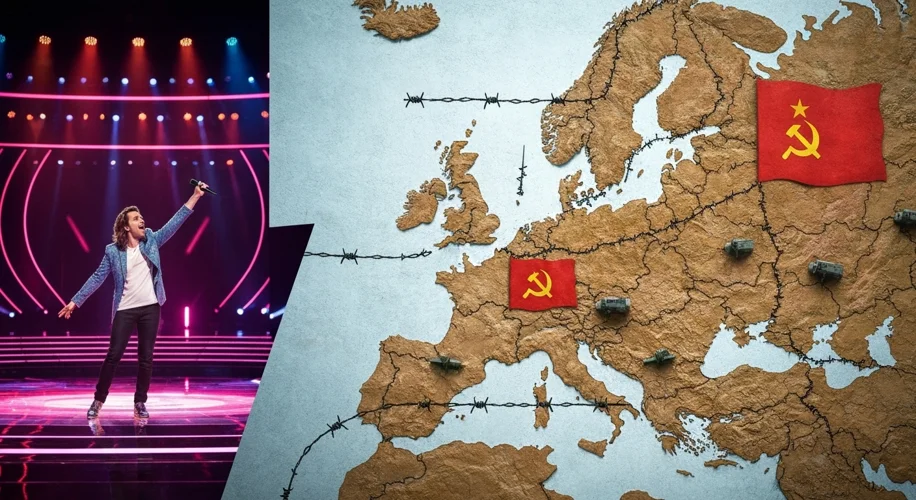 A split screen showing the Eurovision stage with a singer holding a microphone and a backdrop of a d