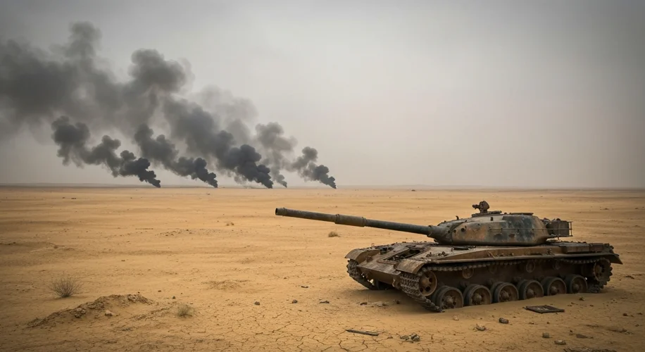 A stark, wide shot of a barren desert landscape with smoke plumes rising in the distance, indicating
