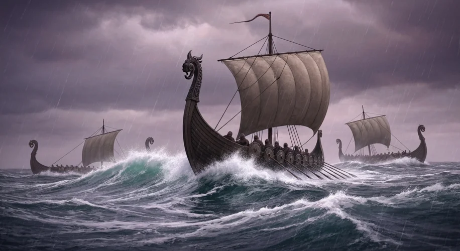 A dramatic depiction of Viking longships sailing through rough, stormy seas under a dark, cloudy sky