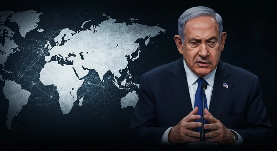 A somber Benjamin Netanyahu addressing a dimly lit press conference, with a backdrop showing a subtl
