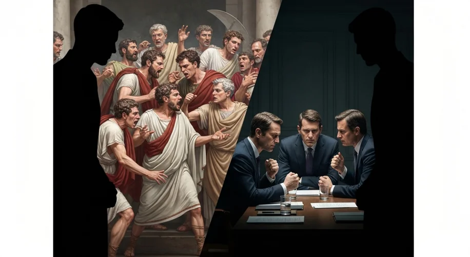 A split image: one side shows ancient Roman senators arguing, the other shows modern politicians in 