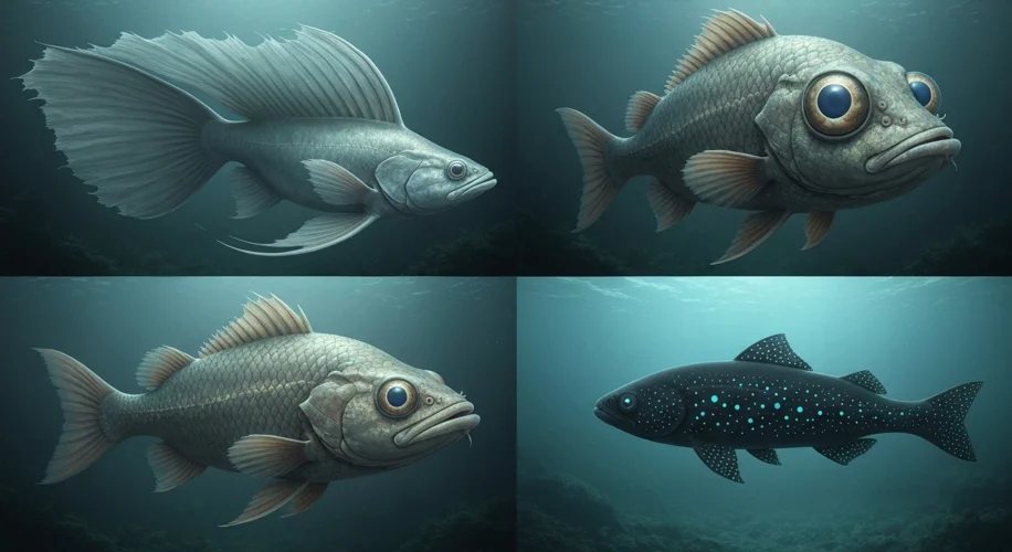A collage of three distinct, ancient-looking fish species with unique features, swimming in a dimly 
