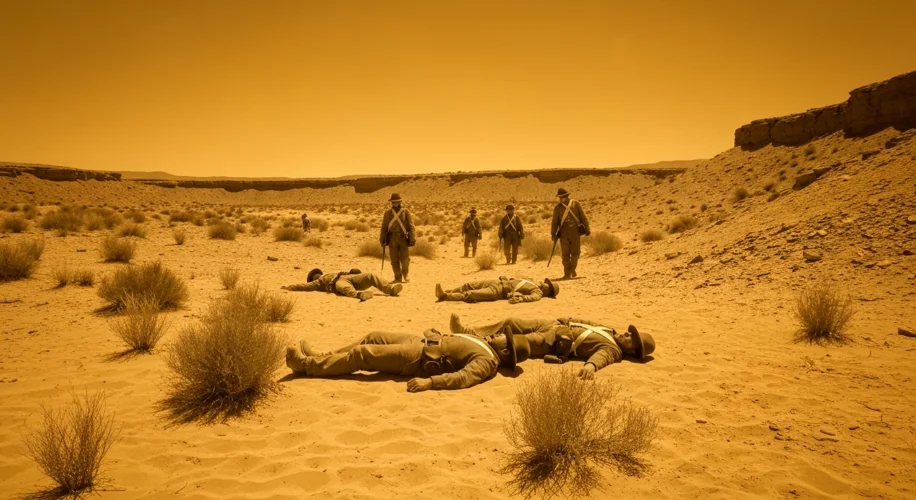 A sepia-toned photograph depicting weary 19th-century American soldiers struggling through a harsh d