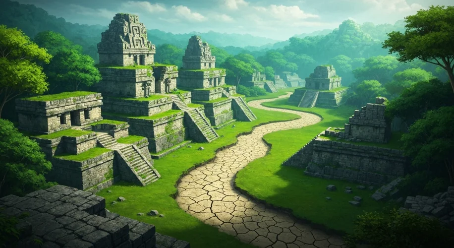 A stylized representation of a Maya city partially reclaimed by lush jungle, with a parched riverbed