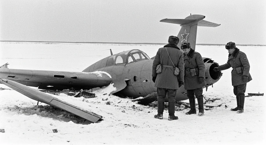 A Soviet news photograph showing the wreckage of the U-2 spy plane, with Soviet soldiers examining t