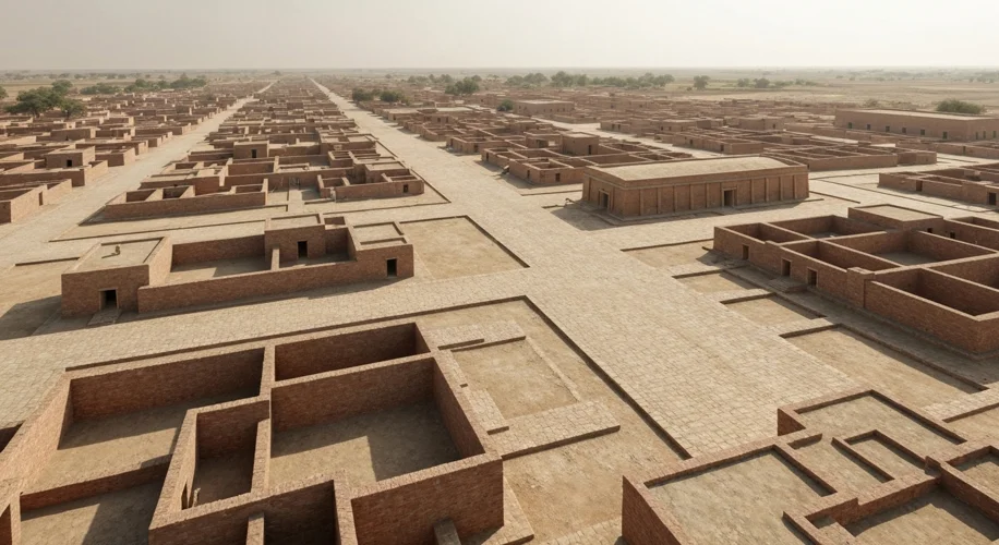 A bird's-eye view of an ancient Indus Valley city like Mohenjo-Daro, showing a grid of well-planned 