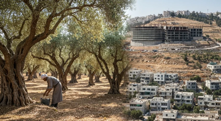 A split image: on one side, Palestinian farmers tending to ancient olive groves; on the other, an Is