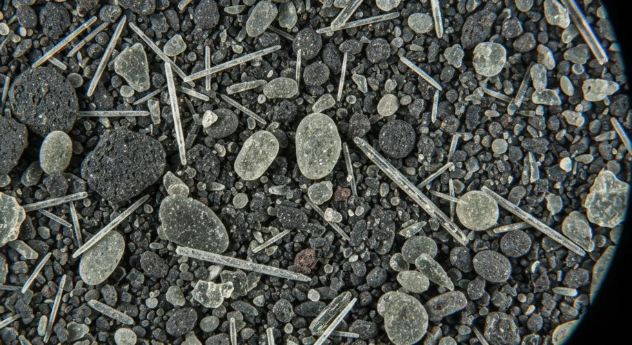 Close-up of microscopic volcanic glass shards (tephra) under a microscope, showing their distinct sh