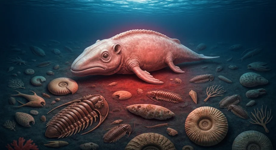An artist's impression of a fossilized ancient Australian whale with unusual, compact features, lyin