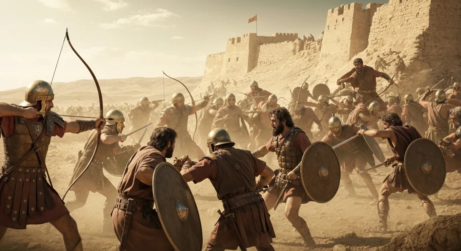 A dramatic depiction of Jewish rebels defending Masada against Roman legionaries during a siege, wit