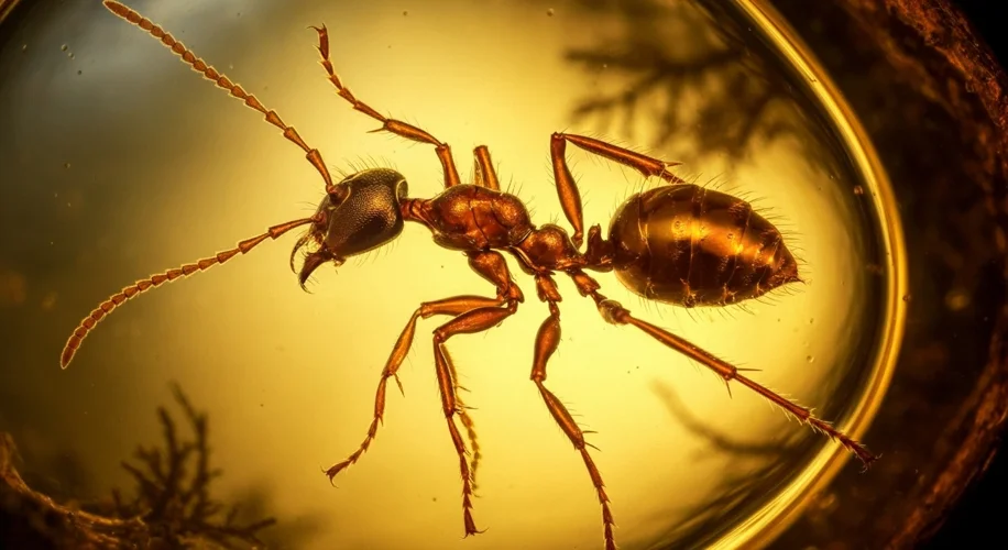 A close-up, highly detailed photograph of a fossilized ant embedded in amber. The ant is perfectly p