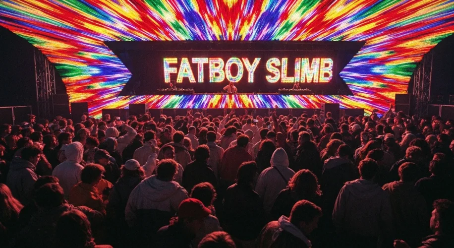 A vibrant, energetic scene of a 1990s rave or electronic music festival, with a DJ booth prominently