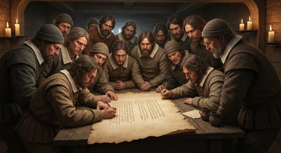 A group of men, huddled together in the dimly lit cabin of the Mayflower, are signing a parchment do