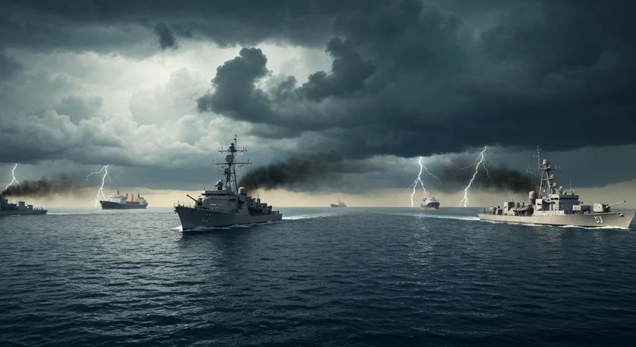 A dramatic scene of US Navy destroyers enforcing a naval blockade around Cuba, with Soviet cargo shi