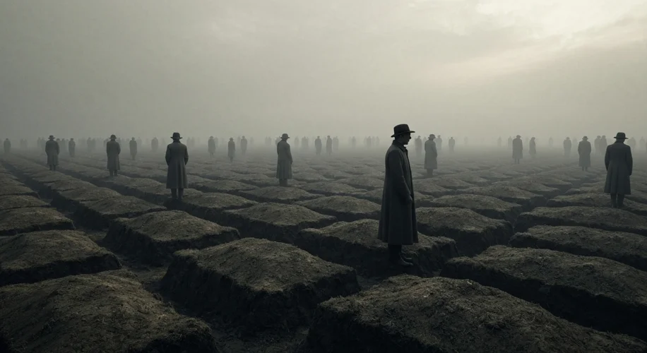 A somber scene in a 1918 graveyard, showing rows of freshly dug graves. A few figures in dark clothi