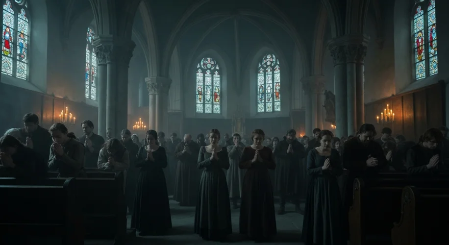 A dimly lit, atmospheric depiction of a medieval church interior with figures praying intensely, hin