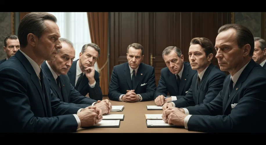 A 1960s-era meeting of European leaders, with some looking concerned and others determined, illustra