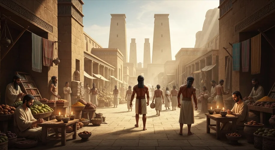 A bustling ancient Mesopotamian marketplace with merchants, shoppers, and scribes, illustrating dail