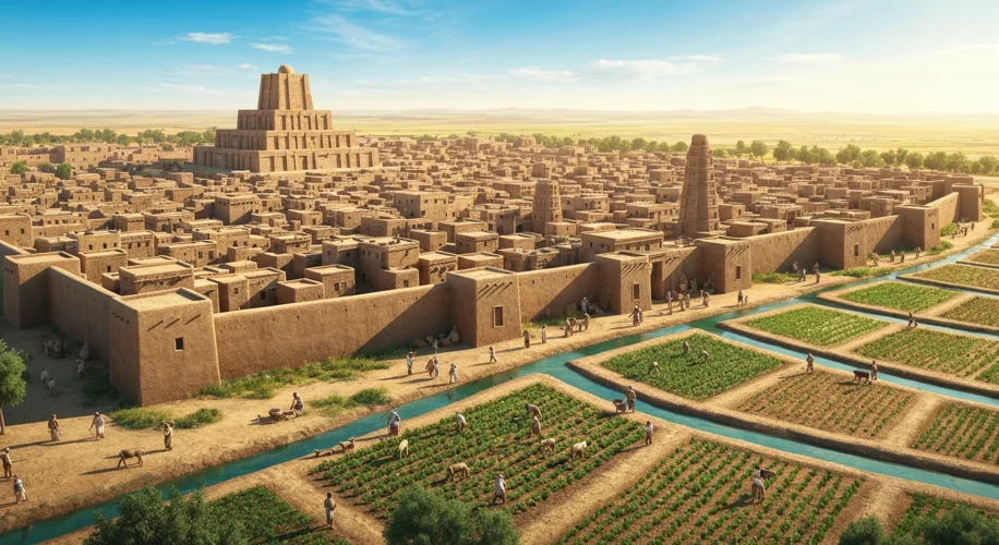 An aerial view of an ancient Mesopotamian city with mud-brick buildings, a central ziggurat, and irr