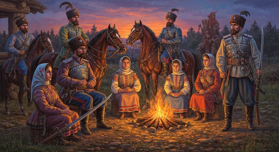 A painting in the style of Ukrainian folk art depicting Cossacks in traditional attire, perhaps gath