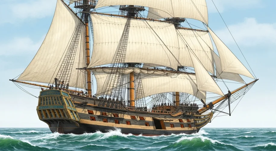 A detailed illustration of an 18th-century merchant ship, highlighting its rigging, sails, hull, and