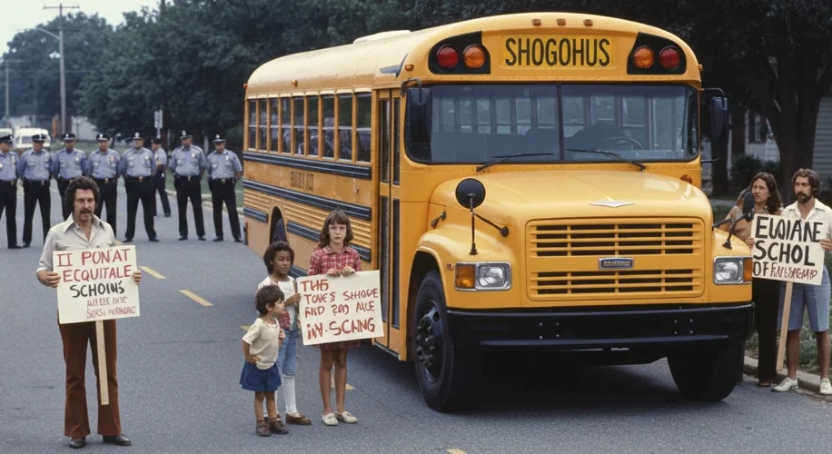 A vintage photograph showing a yellow school bus in the 1970s, surrounded by a small, tense crowd of