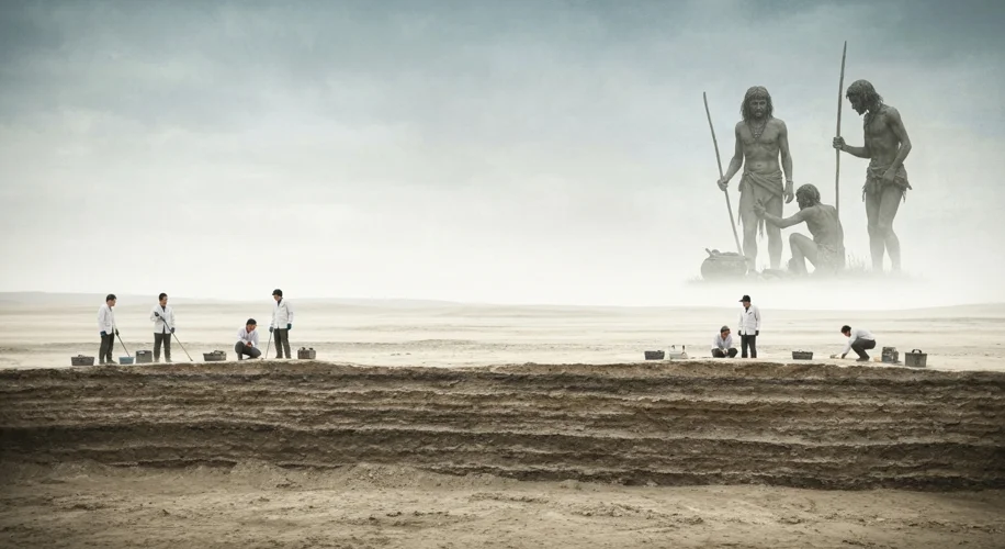 A panoramic view of a modern archaeological dig site with scientists carefully examining sediment la