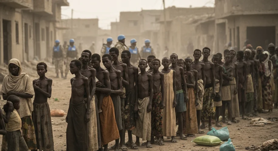 A poignant image of Somali civilians, gaunt and weary, queuing for food aid in a dusty, war-torn urb